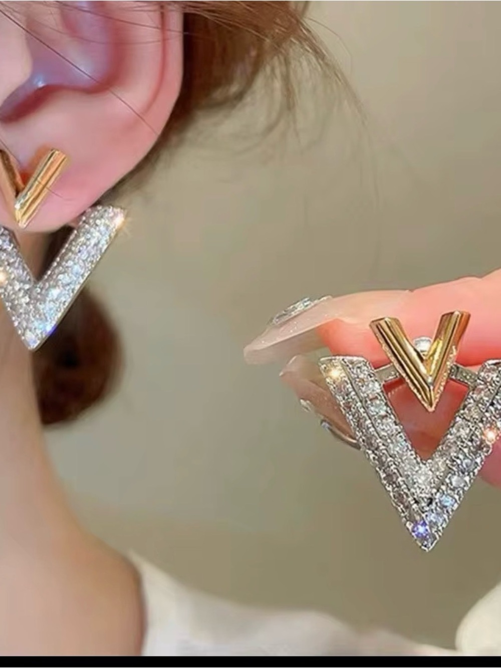 V-Shaped Crystal Stud Earrings in Gold and Silver